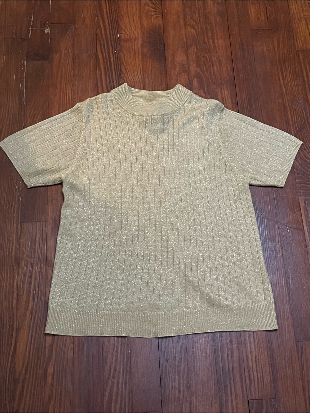 Sag Harbor Metallic Light Gold Ribbed Crewneck Top